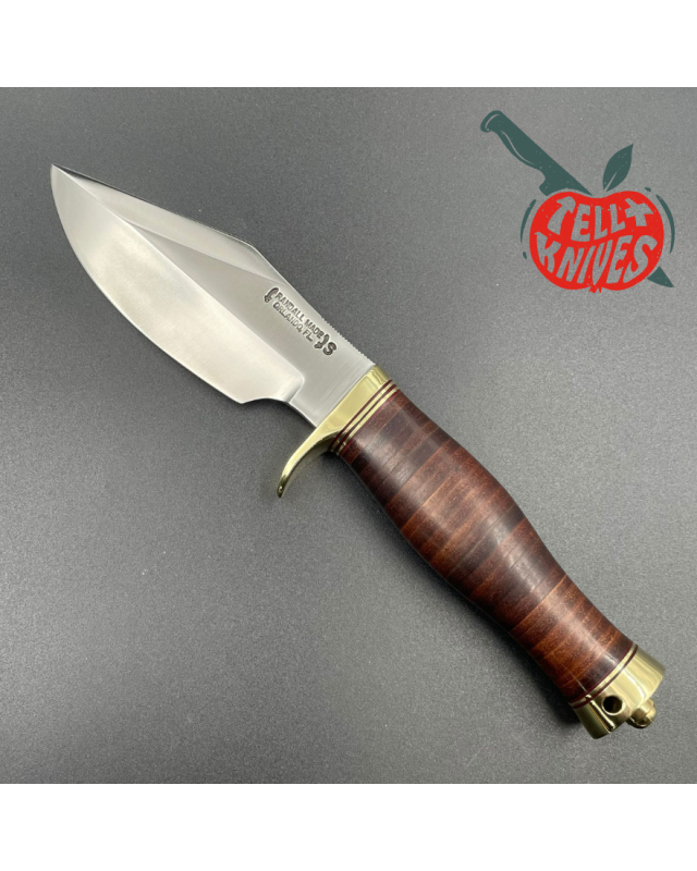 Randall Model 19 Bushmaster forged stainless steel stacked leather handle brass guard and pommel brown leather sheath