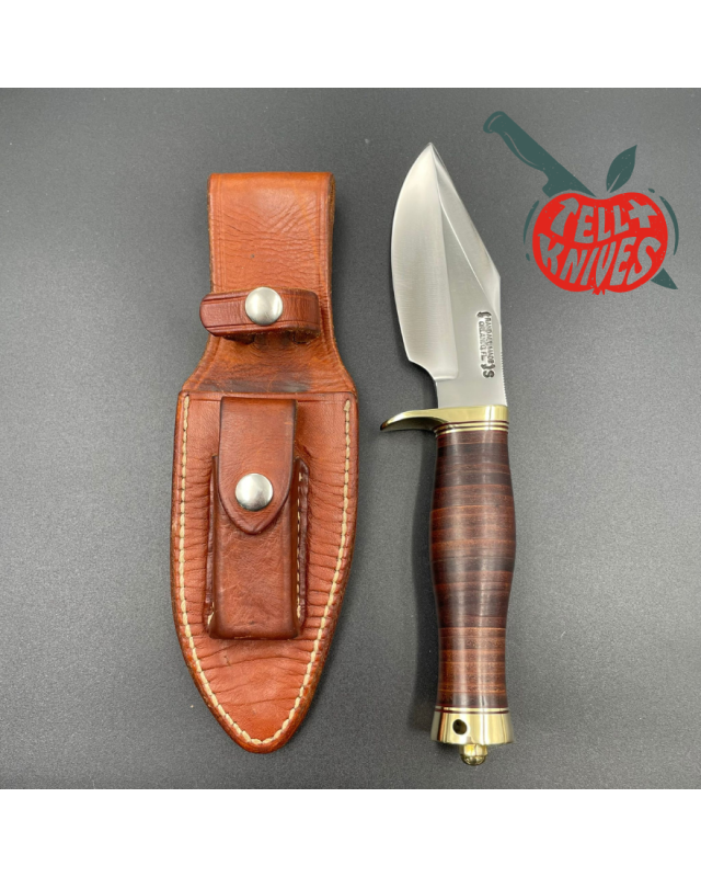 Randall Model 19 Bushmaster forged stainless steel stacked leather handle brass guard and pommel brown leather sheath