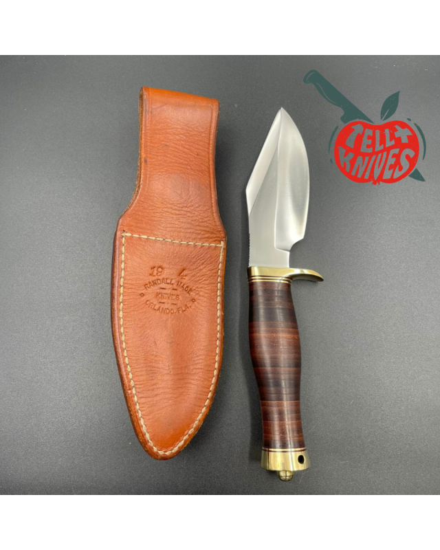 Randall Model 19 Bushmaster forged stainless steel stacked leather handle brass guard and pommel brown leather sheath