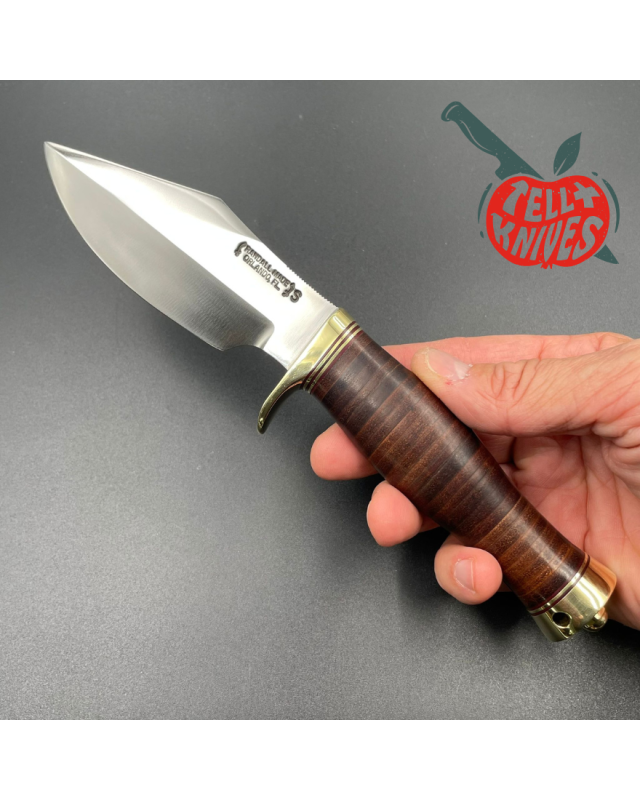Randall Model 19 Bushmaster forged stainless steel stacked leather handle brass guard and pommel brown leather sheath