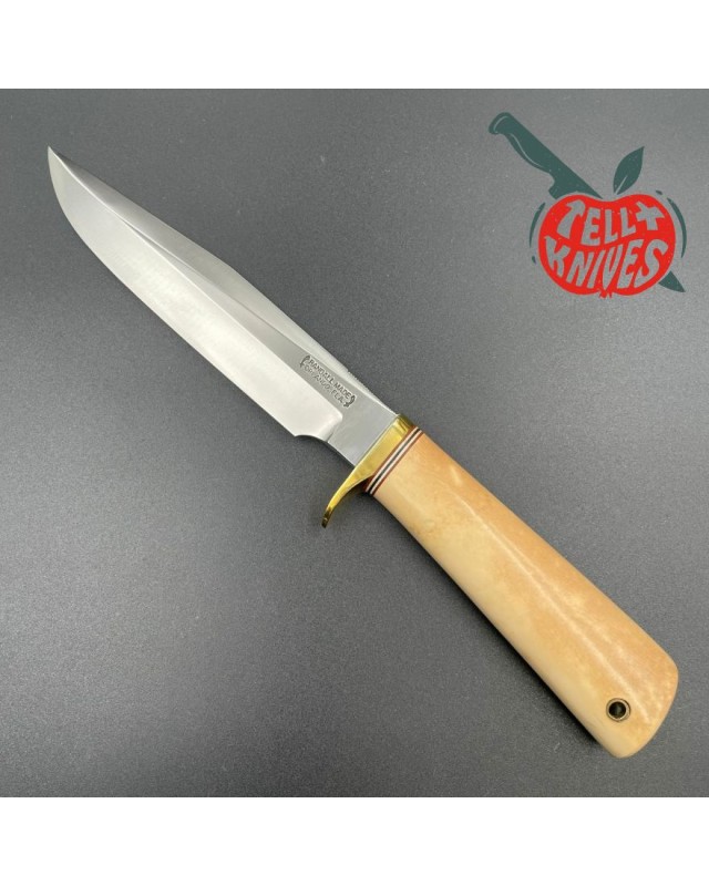 Vintage Randall Model 5 - 6 Camp And Trail forged carbon steel white micarta handle with compass brass guard brown leath
