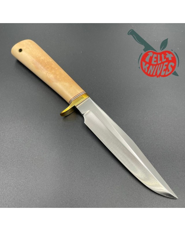 Vintage Randall Model 5 - 6 Camp And Trail forged carbon steel white micarta handle with compass brass guard brown leath