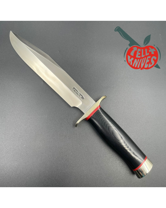 Randall Model 14 - 7.5 Attack forged stainless steel black micarta handle nickel silver gard red liners brown leather sh
