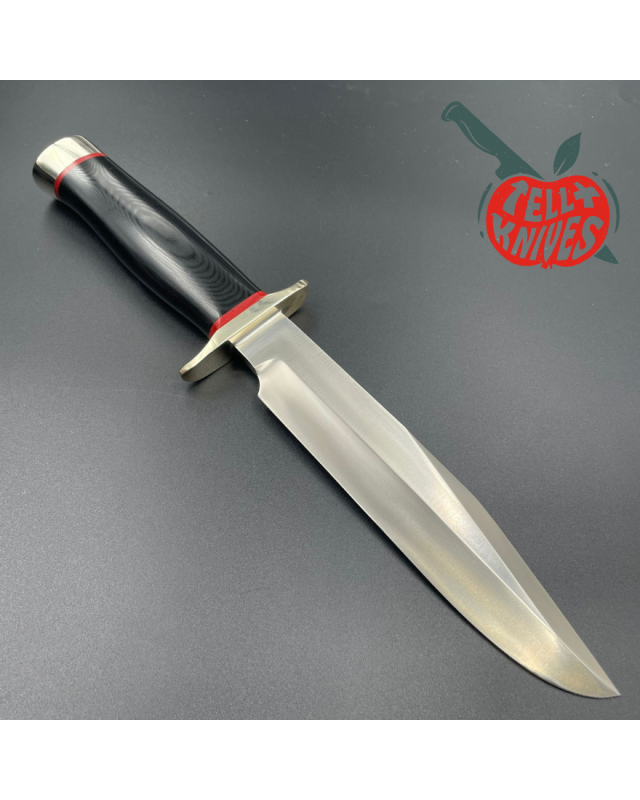 Randall Model 14 - 7.5 Attack forged stainless steel black micarta handle nickel silver gard red liners brown leather sh