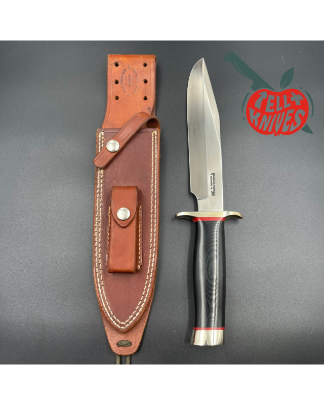 Randall Model 14 - 7.5 Attack forged stainless steel black micarta handle nickel silver gard red liners brown leather sh