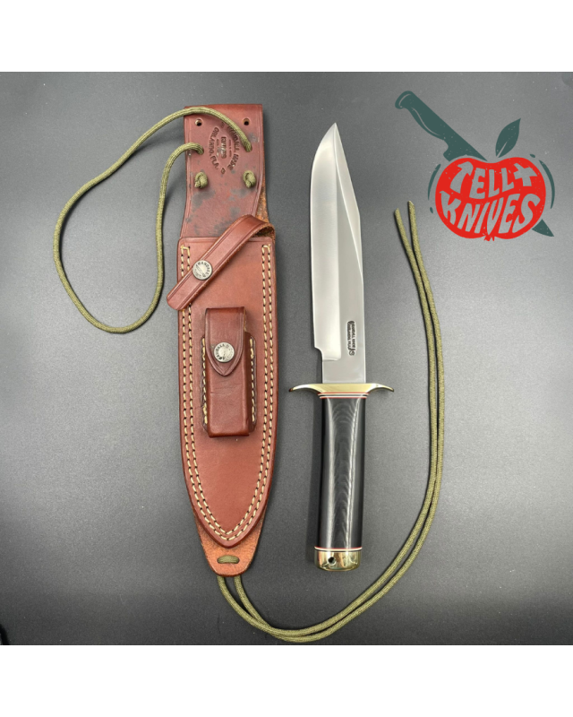 Randall Model 14 - 7.5 Attack forged stainless steel black micarta handle brass guard brass pommel brown leather sheath