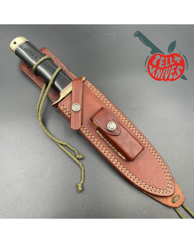 Randall Model 14 - 7.5 Attack forged stainless steel black micarta handle brass guard brass pommel brown leather sheath