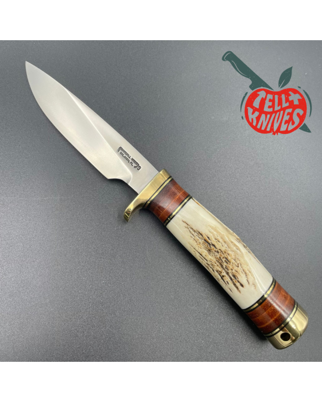 Randall Made Knives Model 26 - 4 Pathfinder forged stainless steel stag handle brass guard and pommel brown leather shea