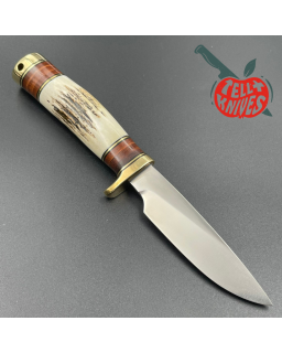 Randall Made Knives Model 26 - 4 Pathfinder forged stainless steel stag handle brass guard and pommel brown leather shea
