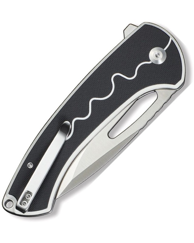 SENCUT Squiggy Button Lock 9Cr18MoV steel satin finish blade black and white G10 handle SENCUT Squiggy Button Lock 9Cr18MoV steel satin finish blade black and white G10 handle