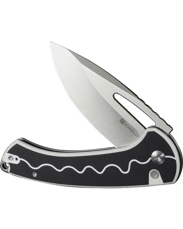SENCUT Squiggy Button Lock 9Cr18MoV steel satin finish blade black and white G10 handle SENCUT Squiggy Button Lock 9Cr18MoV steel satin finish blade black and white G10 handle