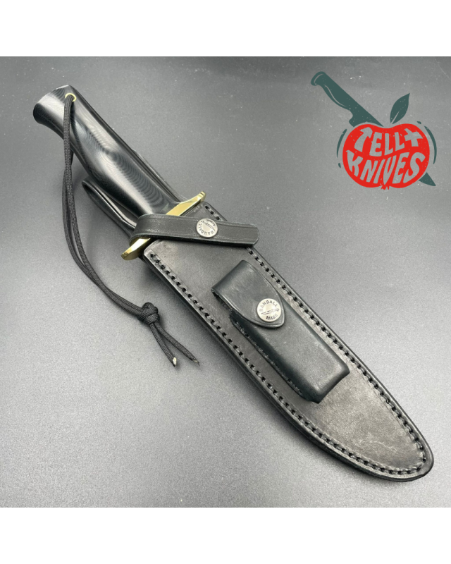 Randall Made Knives Model 16-7 SP1 Fighter forged stainless steel black micarta handle brass guard black leather sheath