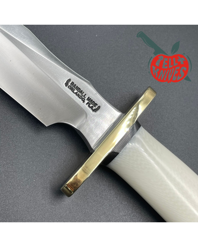 Randall Made Knives Model 4-6F Fighter forged carbon steel white micarta handle brass guard brown leather sheath