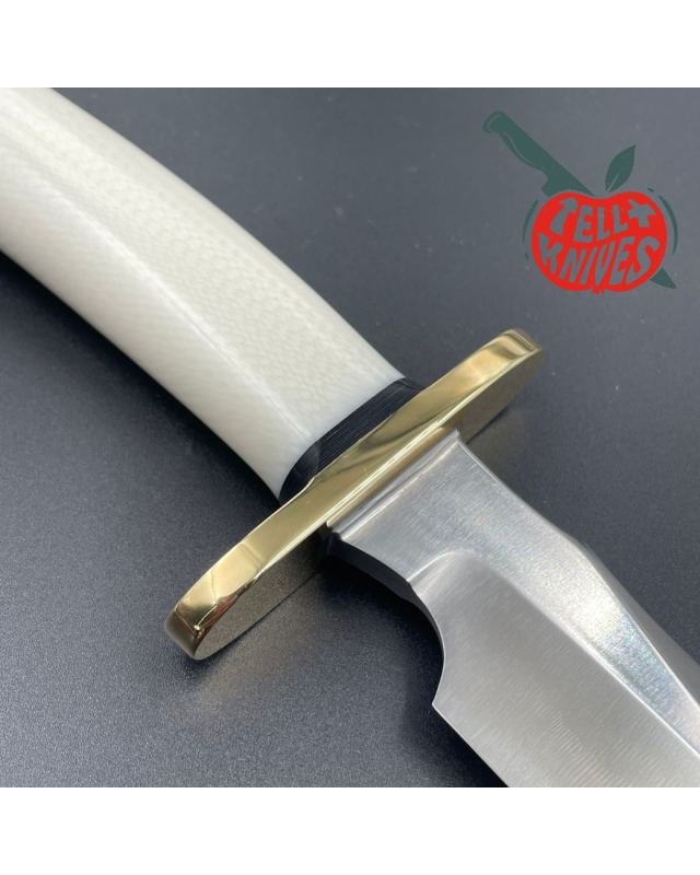 Randall Made Knives Model 4-6F Fighter forged carbon steel white micarta handle brass guard brown leather sheath