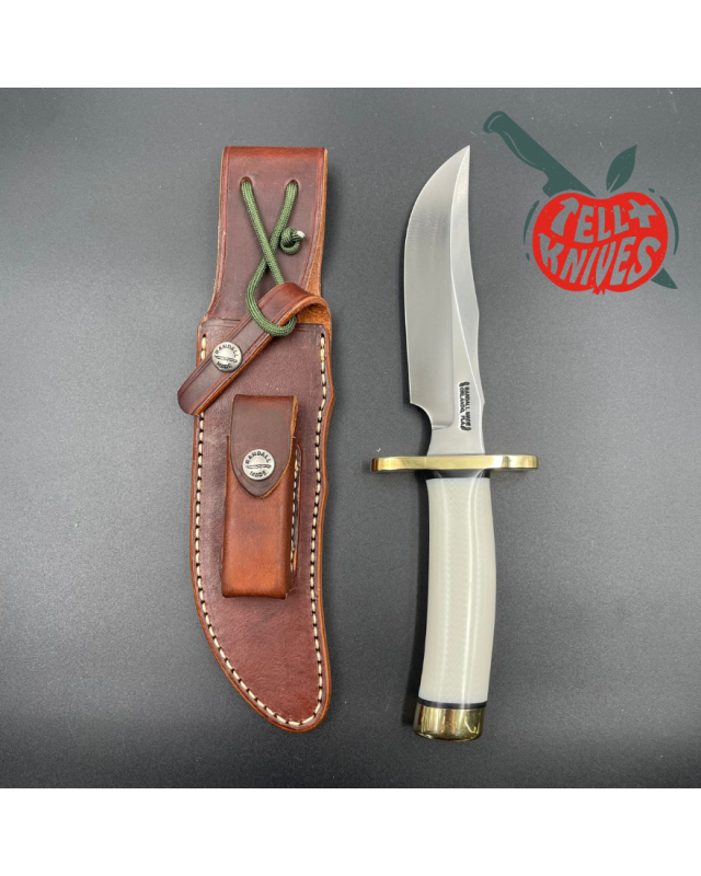 Randall Made Knives Model 4-6F Fighter forged carbon steel white micarta handle brass guard brown leather sheath