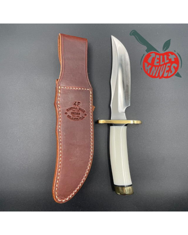 Randall Made Knives Model 4-6F Fighter forged carbon steel white micarta handle brass guard brown leather sheath