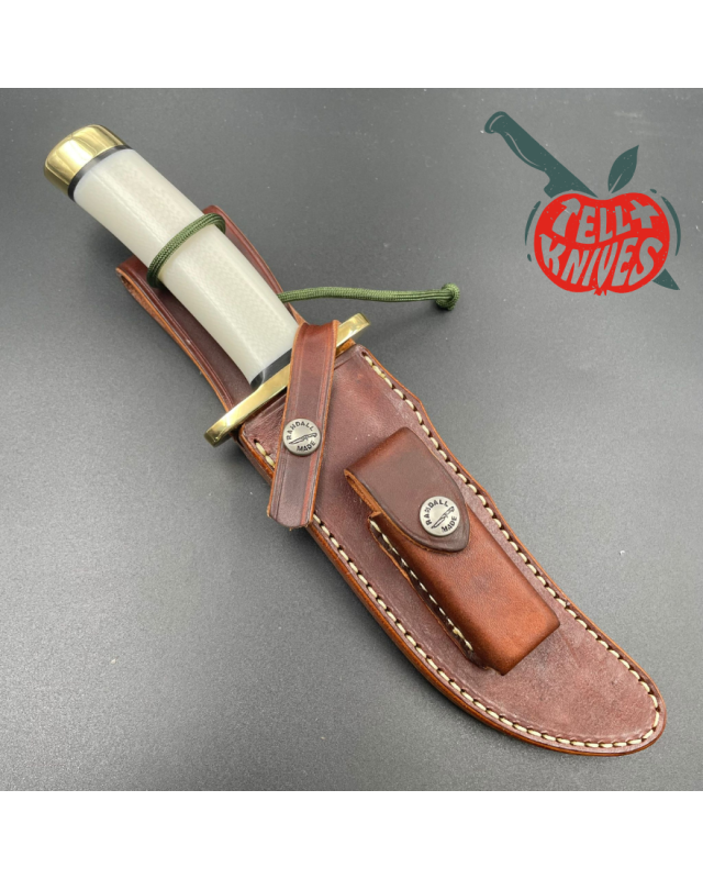 Randall Made Knives Model 4-6F Fighter forged carbon steel white micarta handle brass guard brown leather sheath