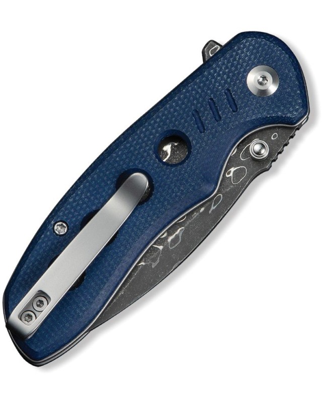 CIVIVI Triptych folding knife Damascus blade Button Lock Blue Canva Micarta Handle Flipper