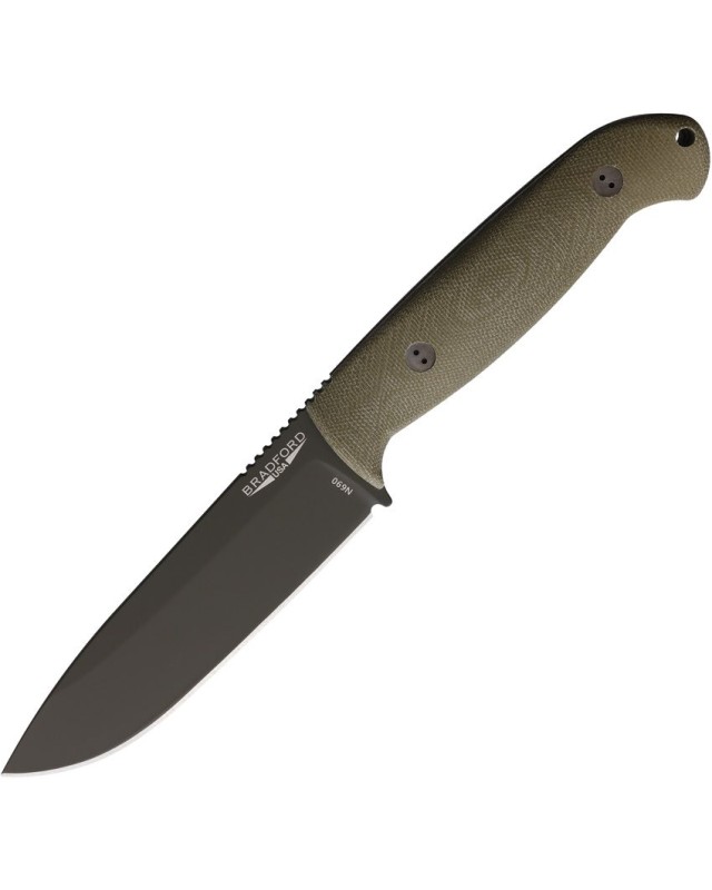 BRADFORD Guardian 5.5 fixed blade full tang N690 steel OD Green Cerakote blade finish OD green micarta handle brown leat