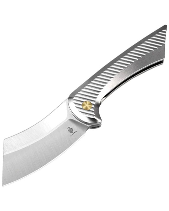 KIZER Cutlery Dawn S35VN steel stonewash finish cleaver blade shape Framelock Silver Titanium handle