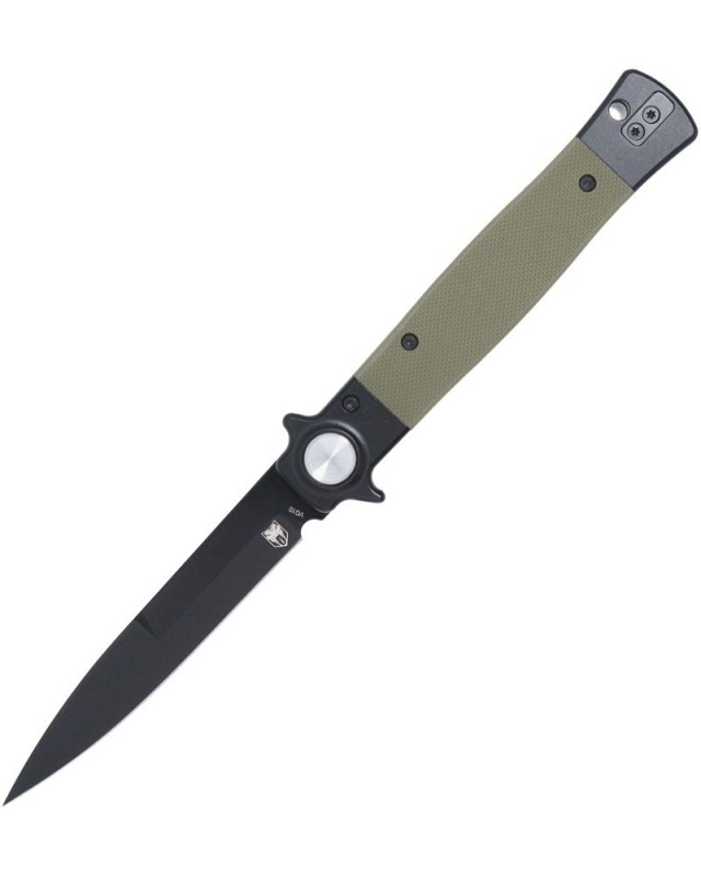 Cobratec Knives Stiletto VG-10 steel black finish Button Lock Black OD Green G10 handle Switzerland Legal