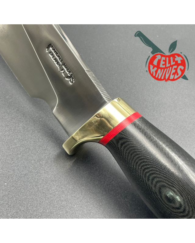 Randall Made Knives Chef's Knife forged stainless steel black micarta handle brass guard brown leather sheath