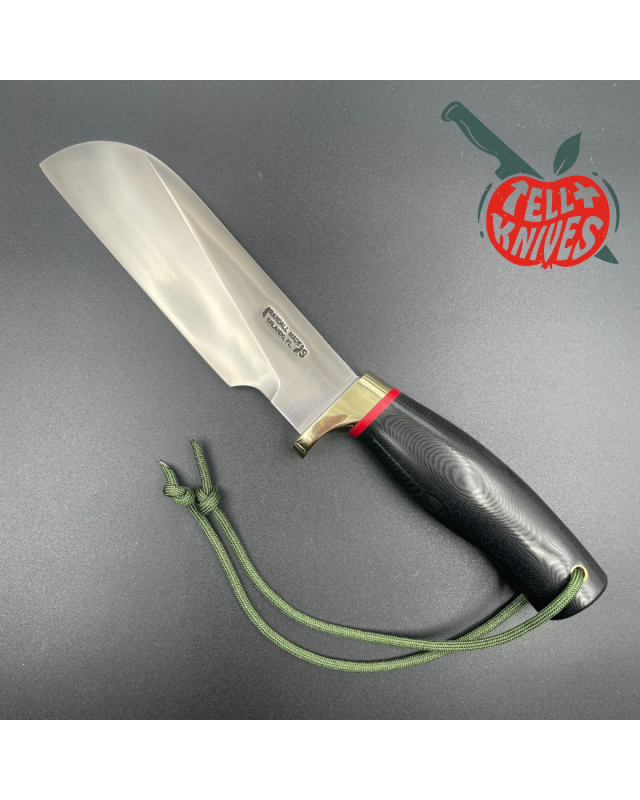 Randall Made Knives Chef's Knife forged stainless steel black micarta handle brass guard brown leather sheath