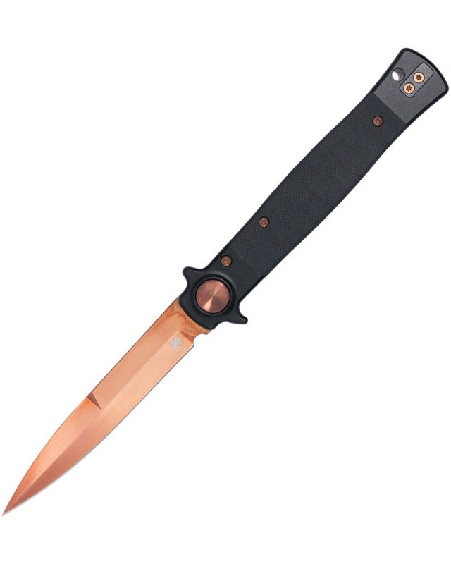 Cobratec Knives Stiletto VG-10 steel rose TiNi finish Button Lock Black G10 handle Switzerland Legal