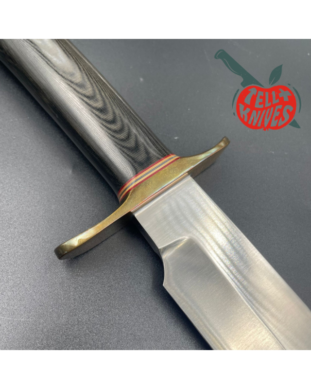 Randall Model 14 - 7.5 Attack forged carbon steel black micarta handle brass guard Duralumin pommel brown leather sheath