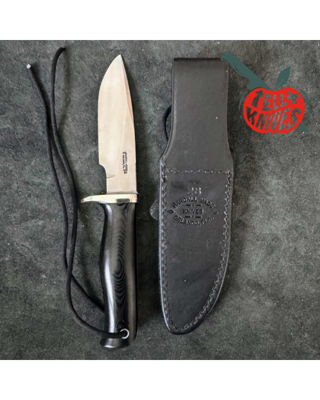 Randall Made Knives Model 28 Woodsman forged stainless steel black micarta handle nickel silver guard