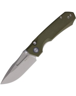 Rhino 14C28N steel green micarta handle button lock