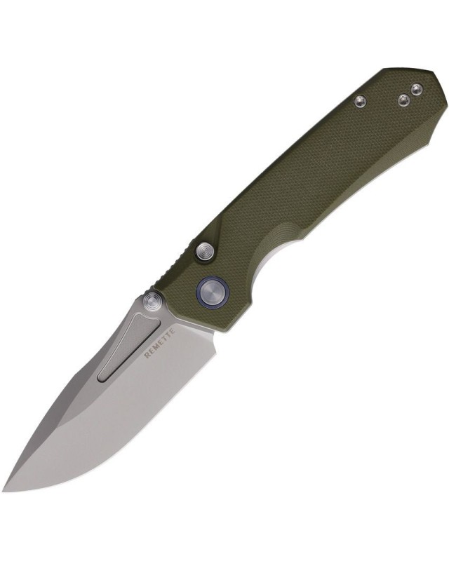 Rhino 14C28N steel green micarta handle button lock