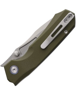Rhino 14C28N steel green micarta handle button lock