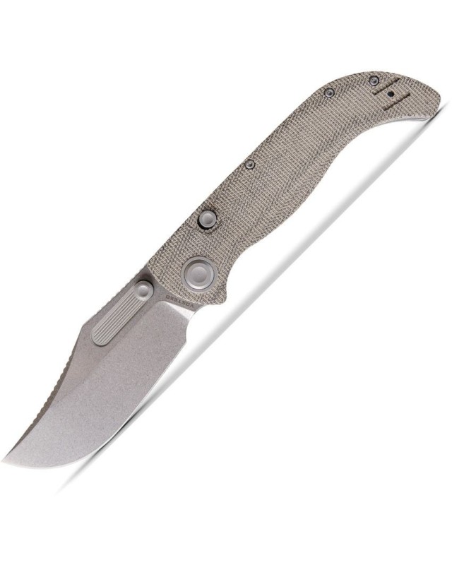 Vosteed Naga S35VN steel stonewash finish button lock green micarta handle bowie blade