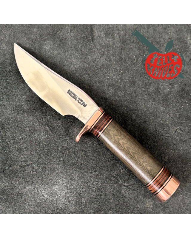 Randall Made Knives Model 27 Mini Copper forged stainless steel green micarta handle brass guard and pommel