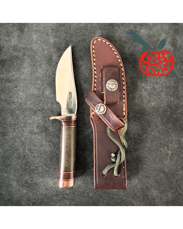 Randall Made Knives Model 27 Mini Copper forged stainless steel green micarta handle brass guard and pommel