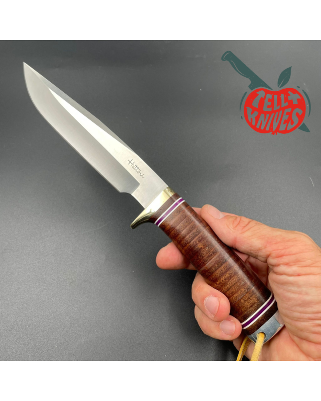 Hattori fixed blade HA6 All Purpose Hunter AUS-6 stainless steel brass guard stacked leather handle black leather sheath