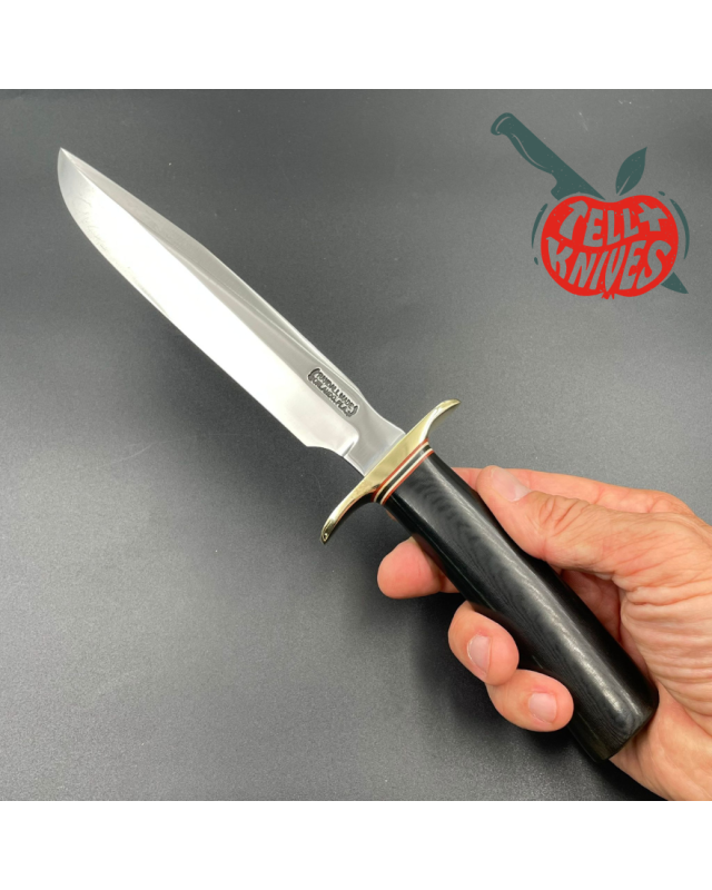 Randall Made Knives Vintage 90ies Model 1-7 forged carbon steel black micarta handle brass guard brown leather sheath