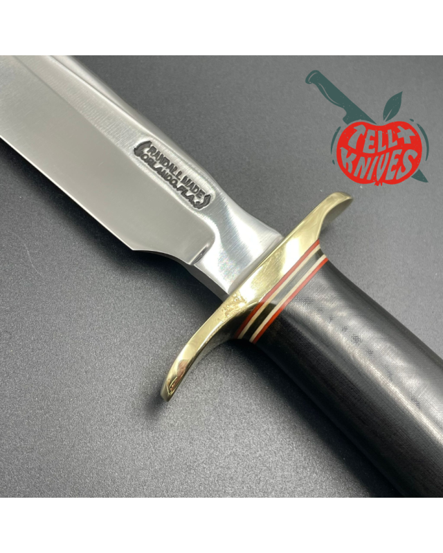 Randall Made Knives Vintage 90ies Model 1-7 forged carbon steel black micarta handle brass guard brown leather sheath