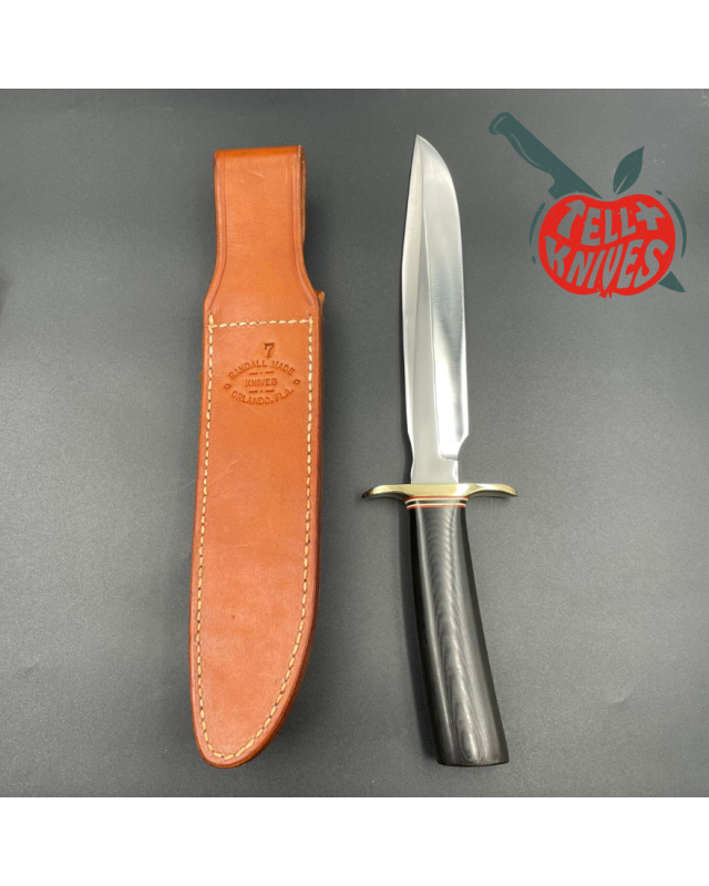 Randall Made Knives Vintage 90ies Model 1-7 forged carbon steel black micarta handle brass guard brown leather sheath