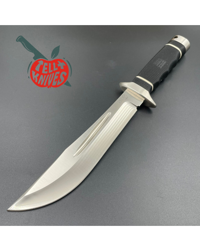 SOG Creed USMC FORCE RECON AUS8 steel satin finish Kraton handle black leather sheath