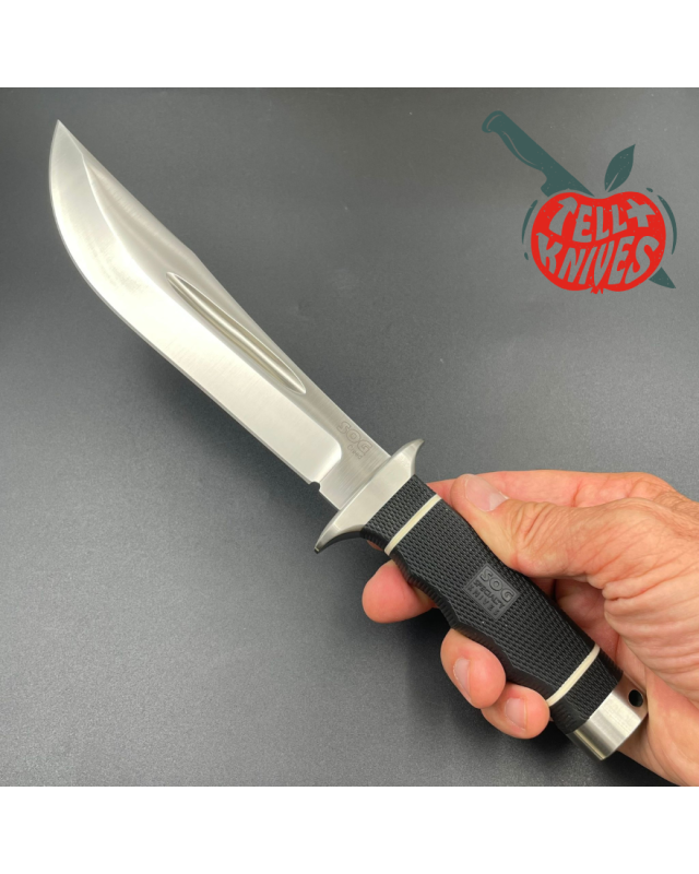 SOG Creed USMC FORCE RECON AUS8 steel satin finish Kraton handle black leather sheath