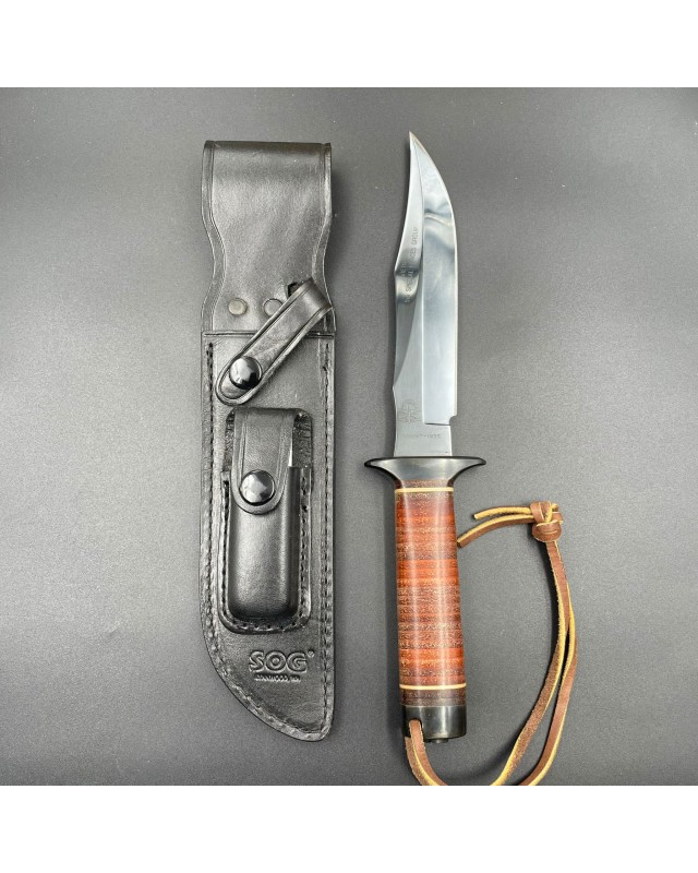 SOG S1 5th Special Forces Group Vietnam - blued SK5 carbon steel blade stacked leather handle black leather sheath