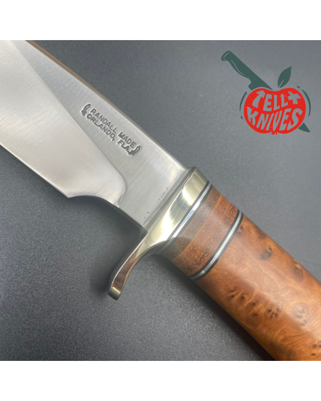 Randall Made Knives Model 25-5 The Trapper forged carbon steel thuya wood handle nickel silver guard brown leather sheat