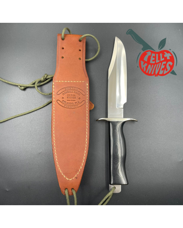 Randall Buxton Fighter Full Tang Stainless steel nickel silver hilt black micarta handle brown leather sheath