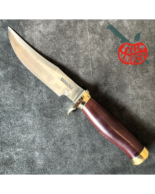 Randall Made Knives Model 12 - 6 Little Bear forged carbon steel commando shape maroon micarta handle brass guard and br