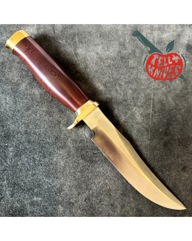 Randall Made Knives Model 12 - 6 Little Bear forged carbon steel commando shape maroon micarta handle brass guard and br