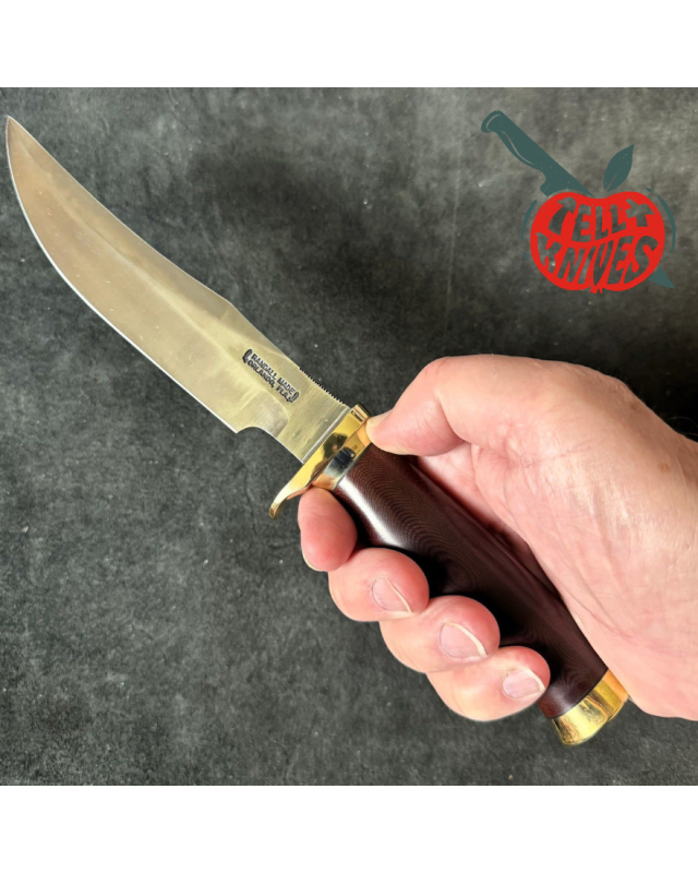 Randall Made Knives Model 12 - 6 Little Bear forged carbon steel commando shape maroon micarta handle brass guard and br