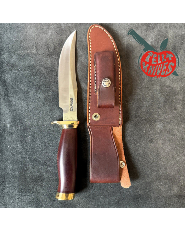 Randall Made Knives Model 12 - 6 Little Bear forged carbon steel commando shape maroon micarta handle brass guard and br