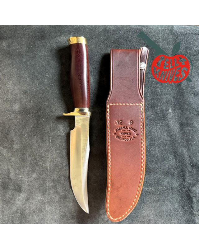 Randall Made Knives Model 12 - 6 Little Bear forged carbon steel commando shape maroon micarta handle brass guard and br